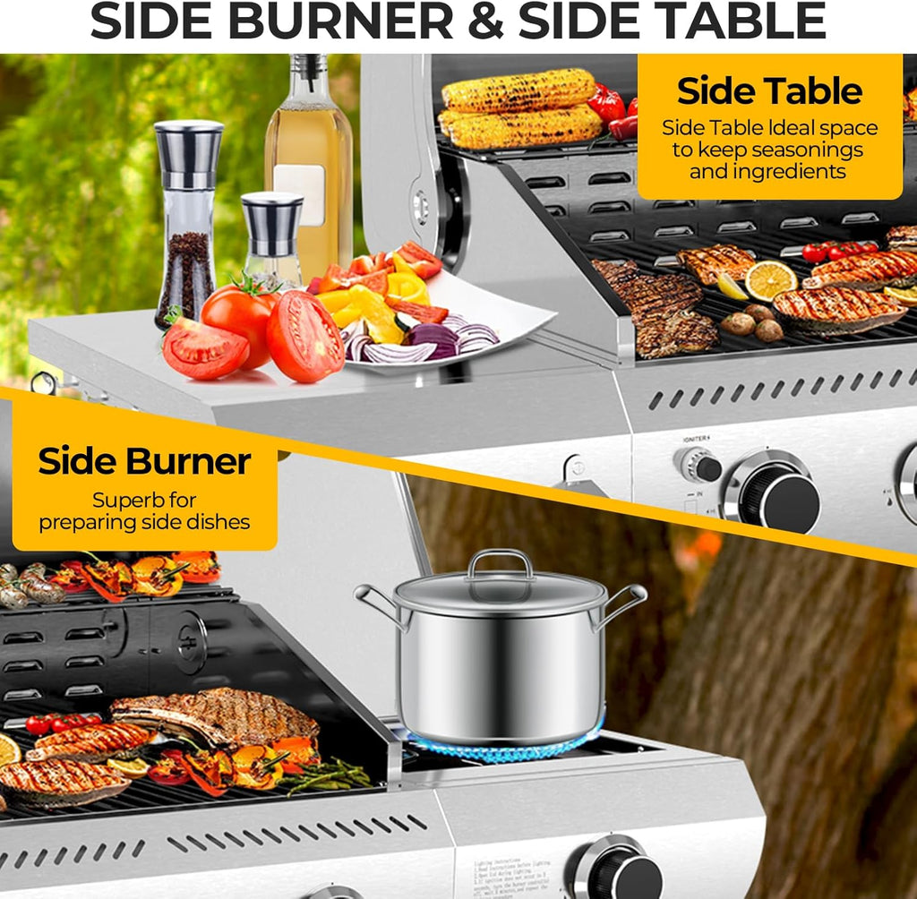 4-Burner BBQ Propane Gas Grill, 42,000 BTU Stainless Steel Barbecue Propane Grill with Side Burner G0141B