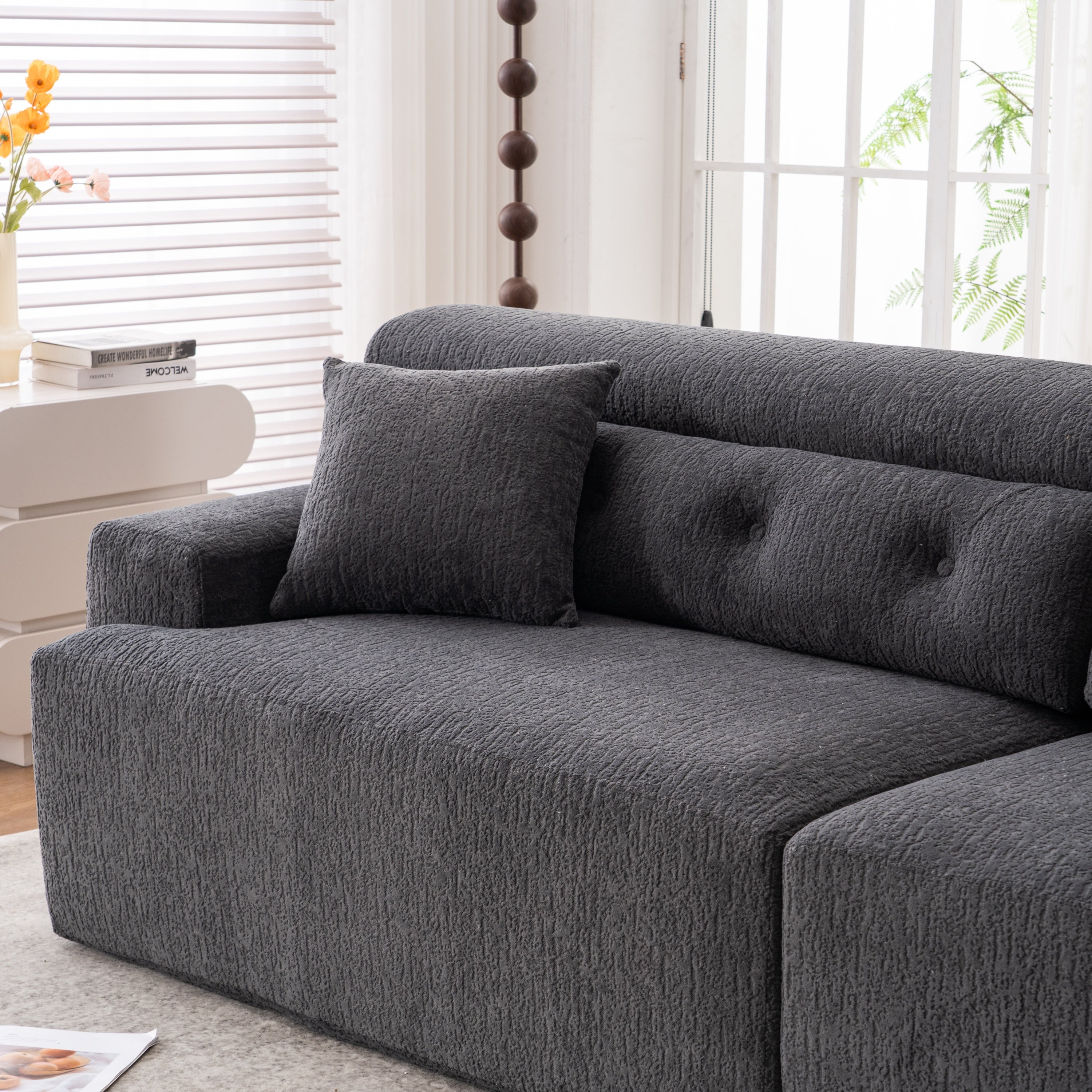 LY-029 GRAY COMPRESSION SOFA: 4-seater combined sofa, Wood Grain Chenille fabric, full sponge compression sofa,combined sofa with 2 pillows  for living/ Home Furniture/ Apartment