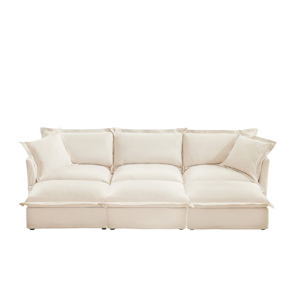 Living Room Sofa Slipcovered Sofa 3 Seater Sofa With 3 Ottomans, Oversized 3-Seat Sleeper Sofa Bed Home Theater Sofa, Chenille, Cream