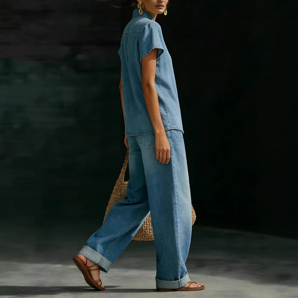 Faux Denim Two-Piece Set – Loose-Fit Short-Sleeve & Pants