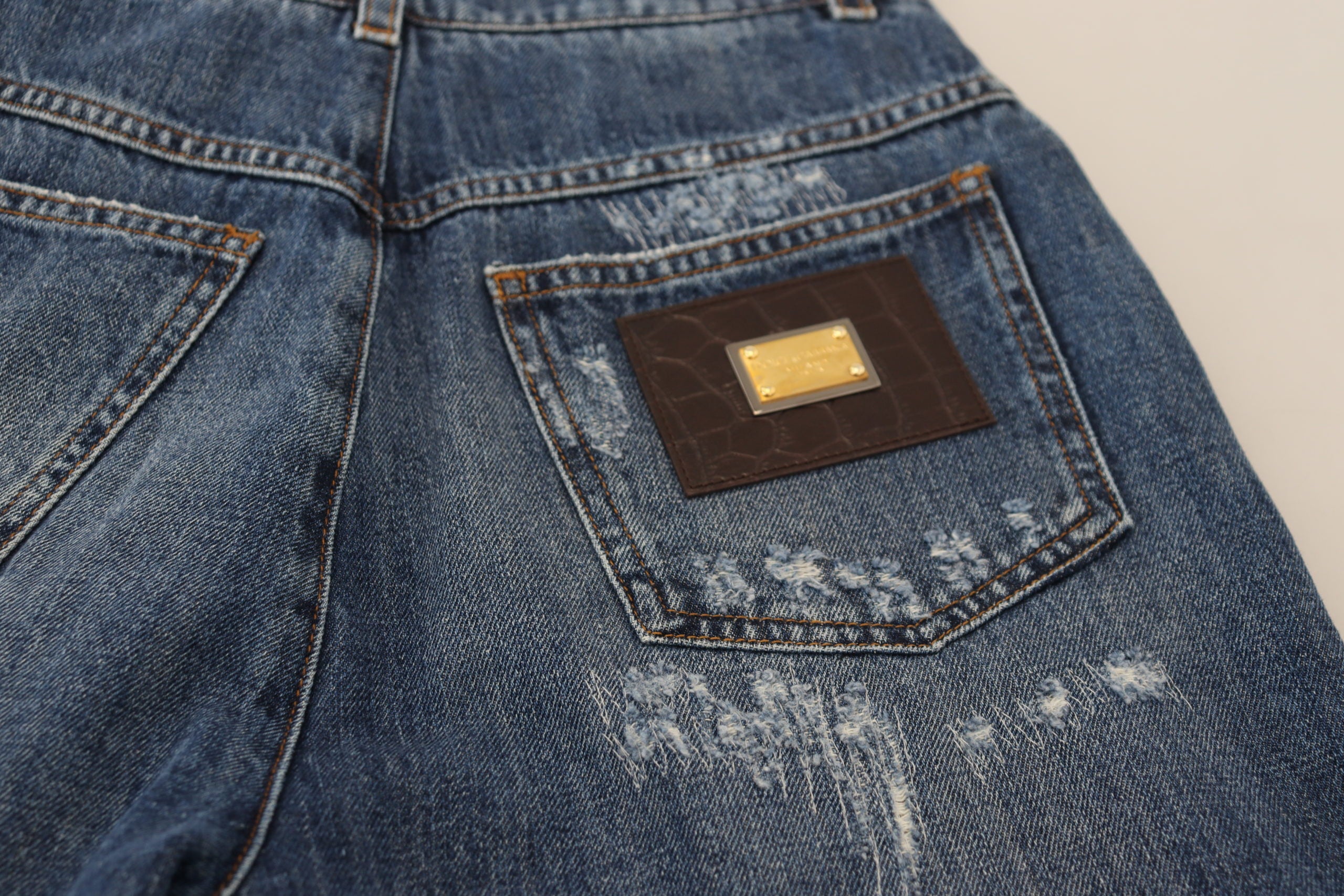 Dolce & Gabbana Blue Washed Cotton Tattered Denim Jeans