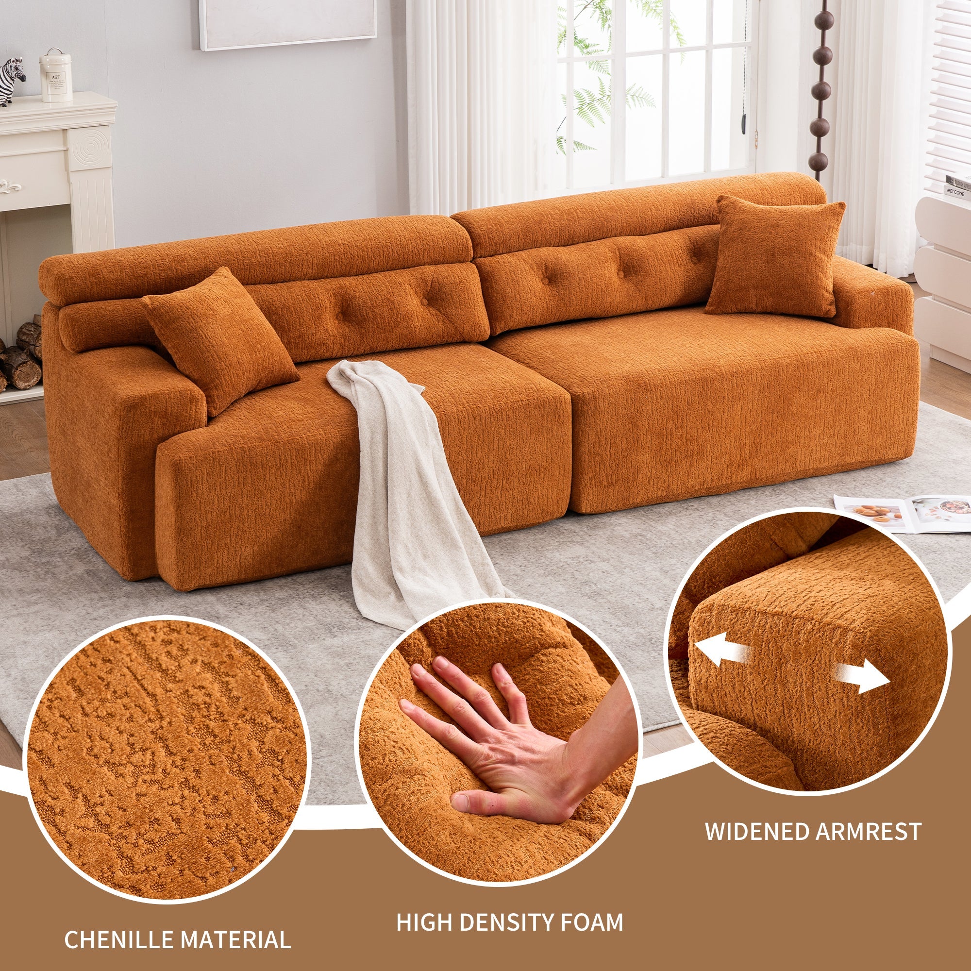 LY-029 Reconfigurable 4-Seater Sectional Sofa with Wood Grain Chenille Fabric, Amber Orange Modular Sofa with 2 Pillows, High-Density Sponge Couch for Living Room & Apartment