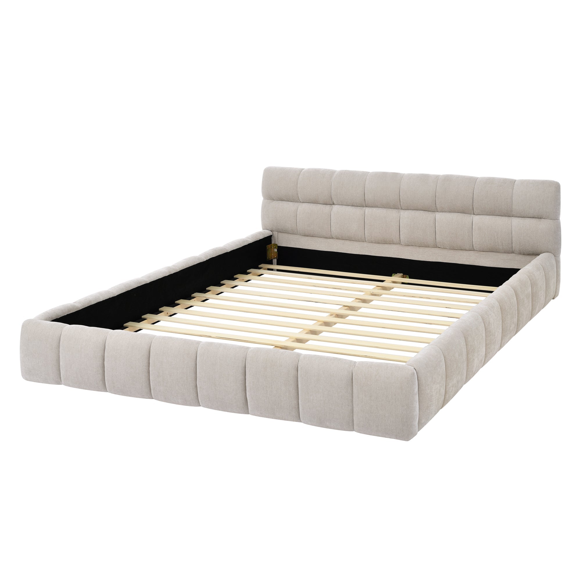 Modern Queen Size Upholstered Bed Frame with Headboard, Thick Chenille Fabric, Beige