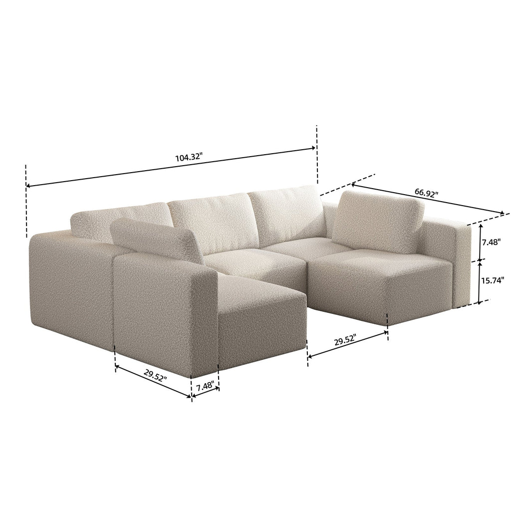 104.32*70.86 Modular Sectional Sofa Sleeper Couch, Sectional Sofa with Chaise and Ottoman, Convertible U Shaped Modular Sofa Set. Compressed sponge, White. (Combo 3A+2B)