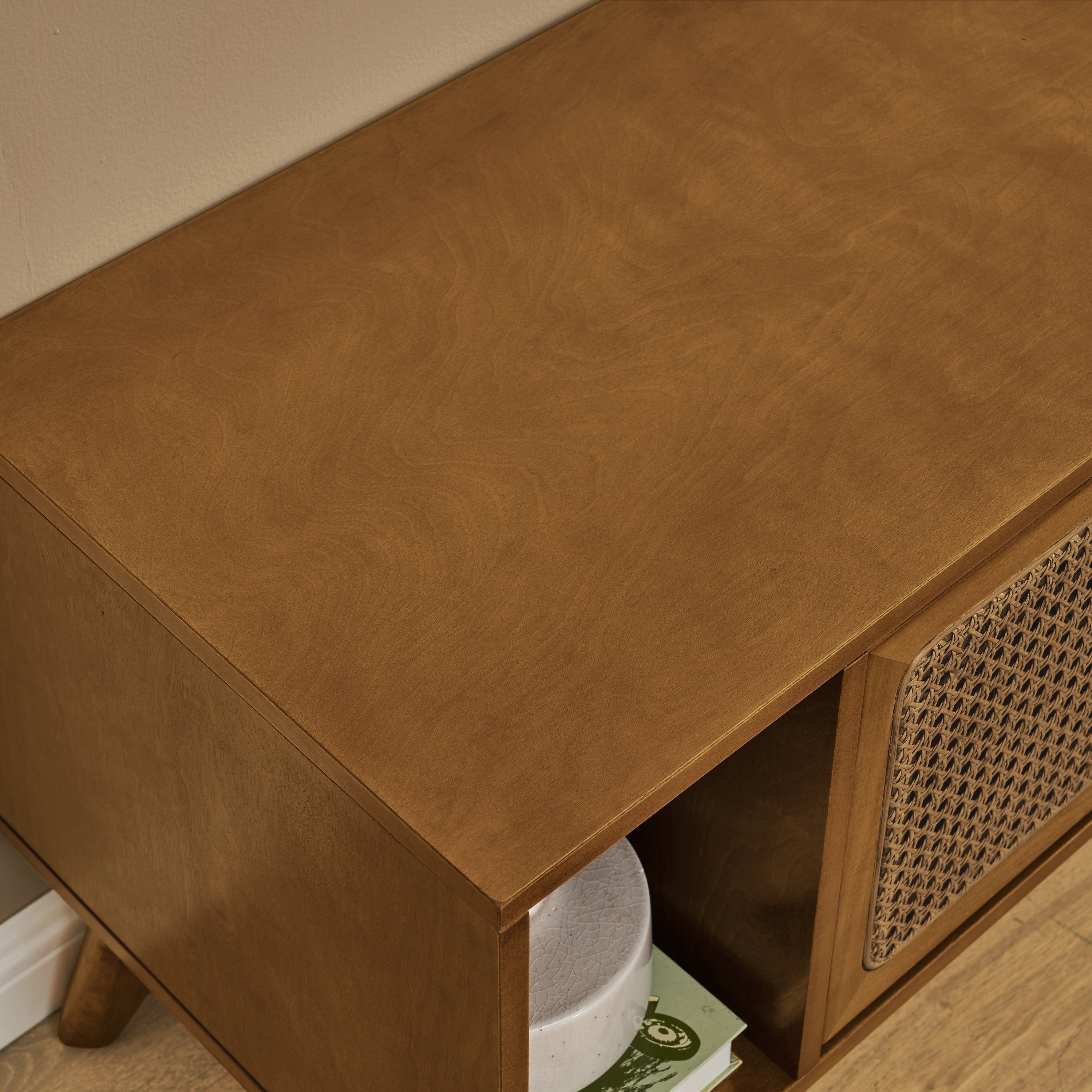 67.9 Inch Mid Century Modern Rattan TV Stand for TVs up to 75', Entertainment Cabinet, Media Console for Living Room Media Room, Solid Wood Feet & Rattan Cabinet Doors - Light Walnut