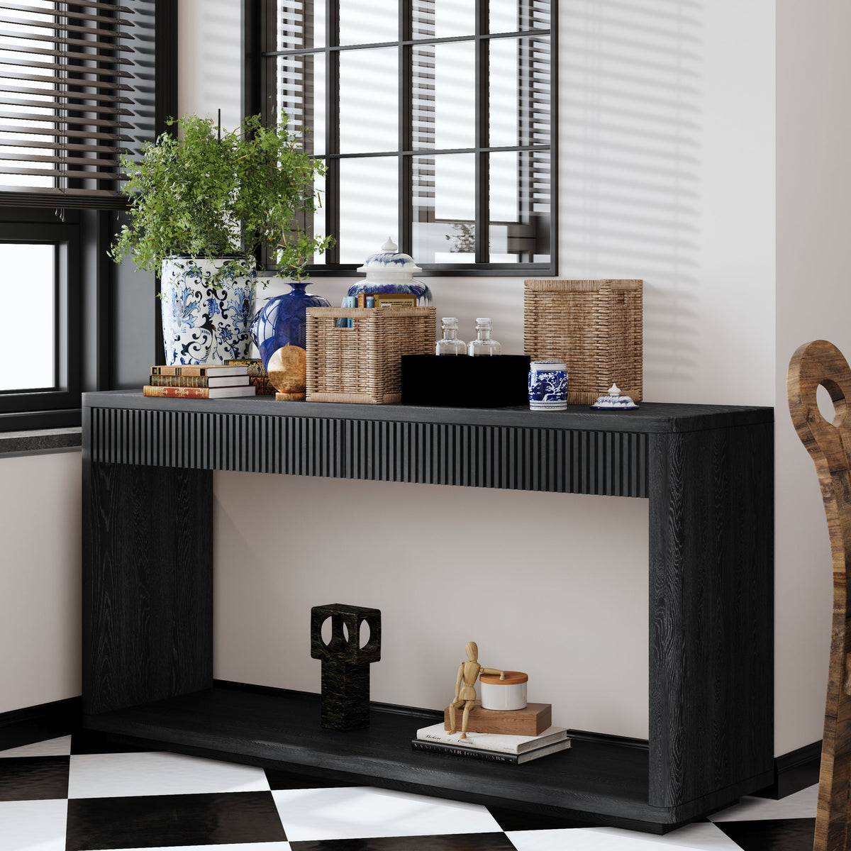 60' Modern 2-Drawer Fluted Console Table Natural Wood Veneer Sofa Table Behind Couch Table for Living Room, Hallway, Entryway, Home Office, Black