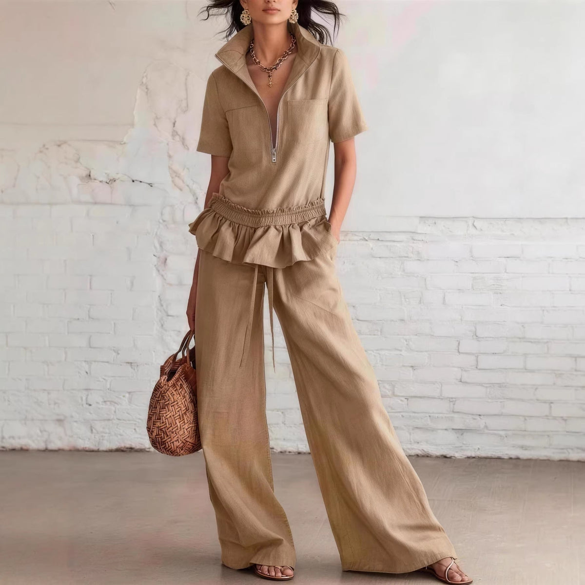 Women's Sleeveless Shirt & Wide-Leg Trousers Set – Solid Color 2-Piece