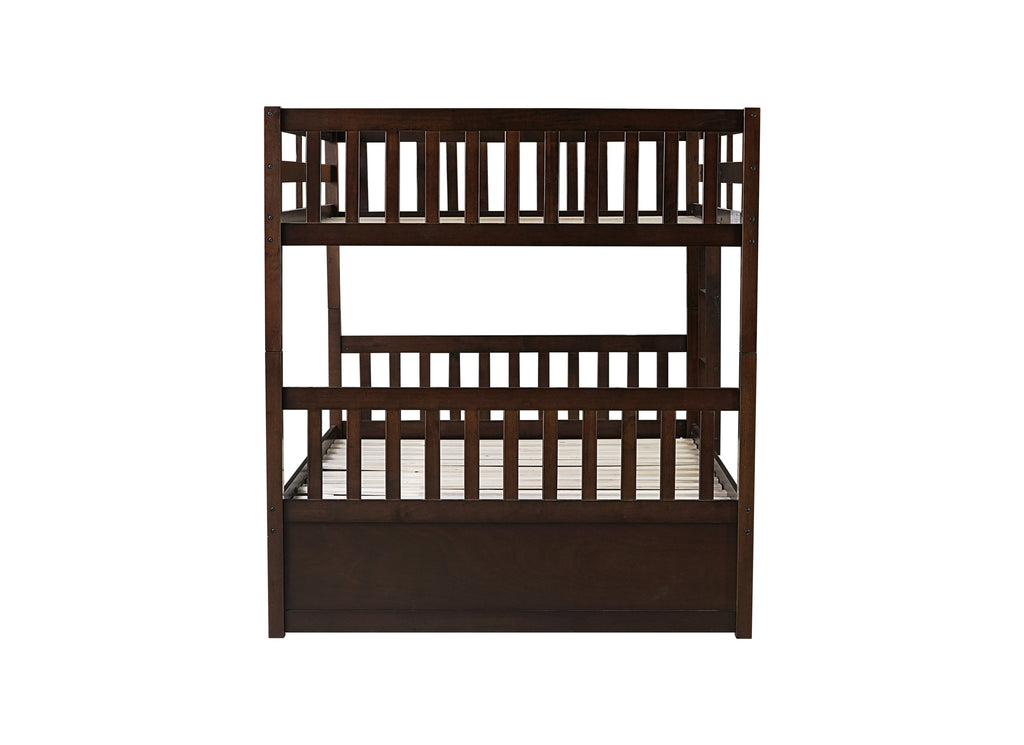 Full Over Full Rubber Wood Bunk Bed with Trundle, Ladder and Guardrails, Convertible to 2 Full Size Beds, with Twin Size Trundle ,Espresso