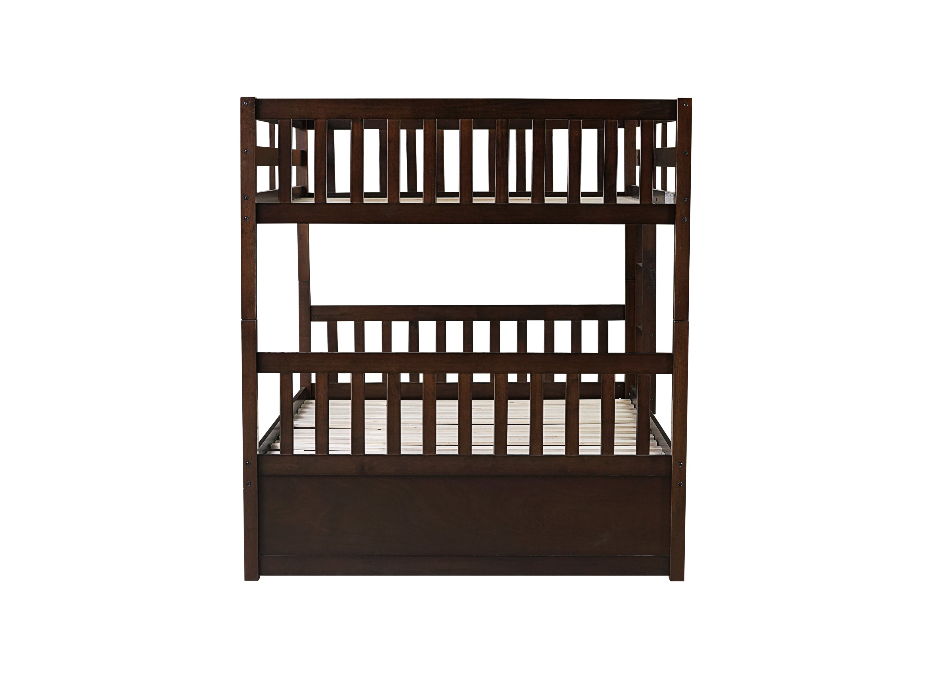 Full Over Full Rubber Wood Bunk Bed with Trundle, Ladder and Guardrails, Convertible to 2 Full Size Beds, with Twin Size Trundle ,Espresso