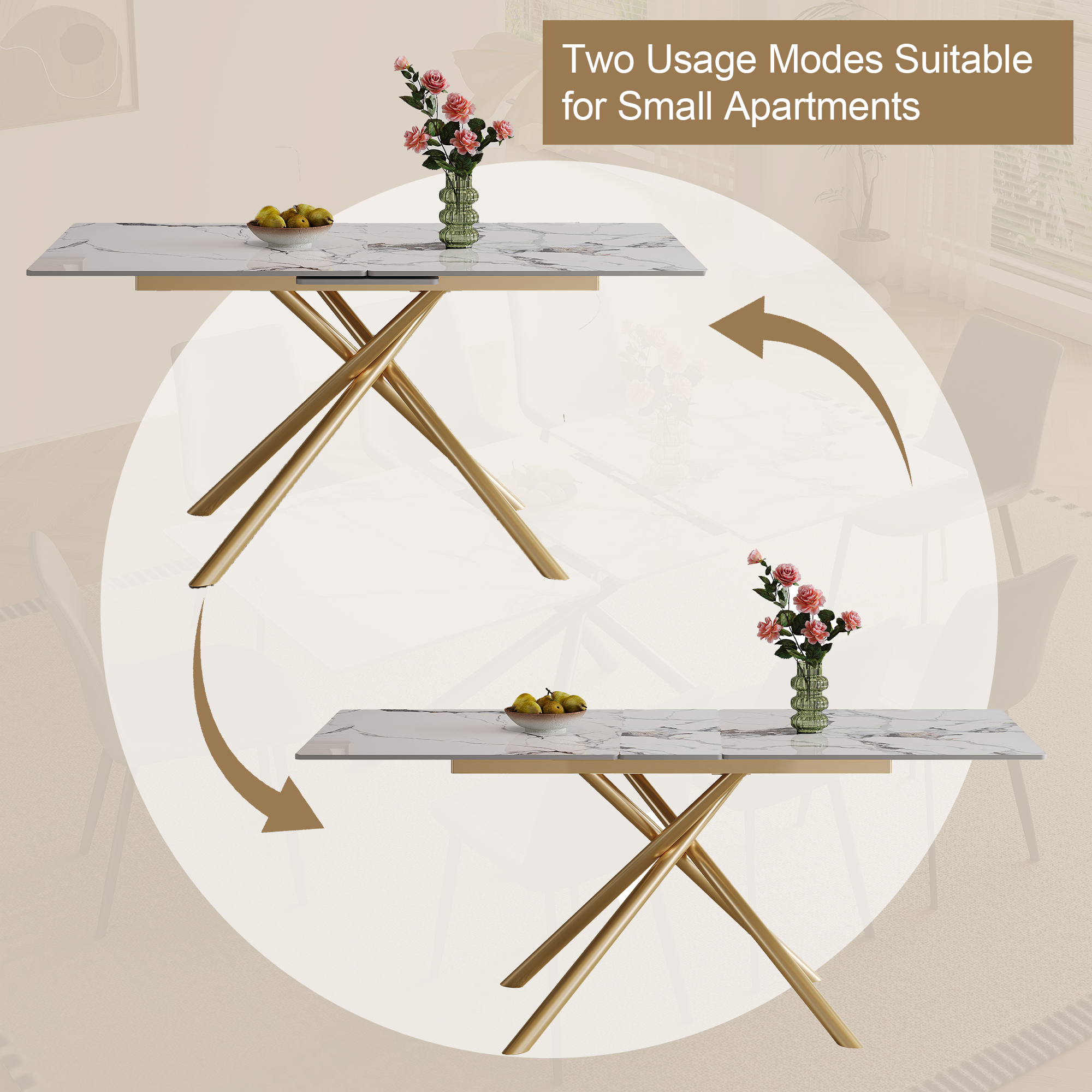 59-inch Modern rectangle Expandable Dining Table with Retractable Leaf, Sintered Stone Top & Golden Carbon Steel X-Base, Sturdy 4-6 Person Table for Small Apartments, Kitchen, Dining Room