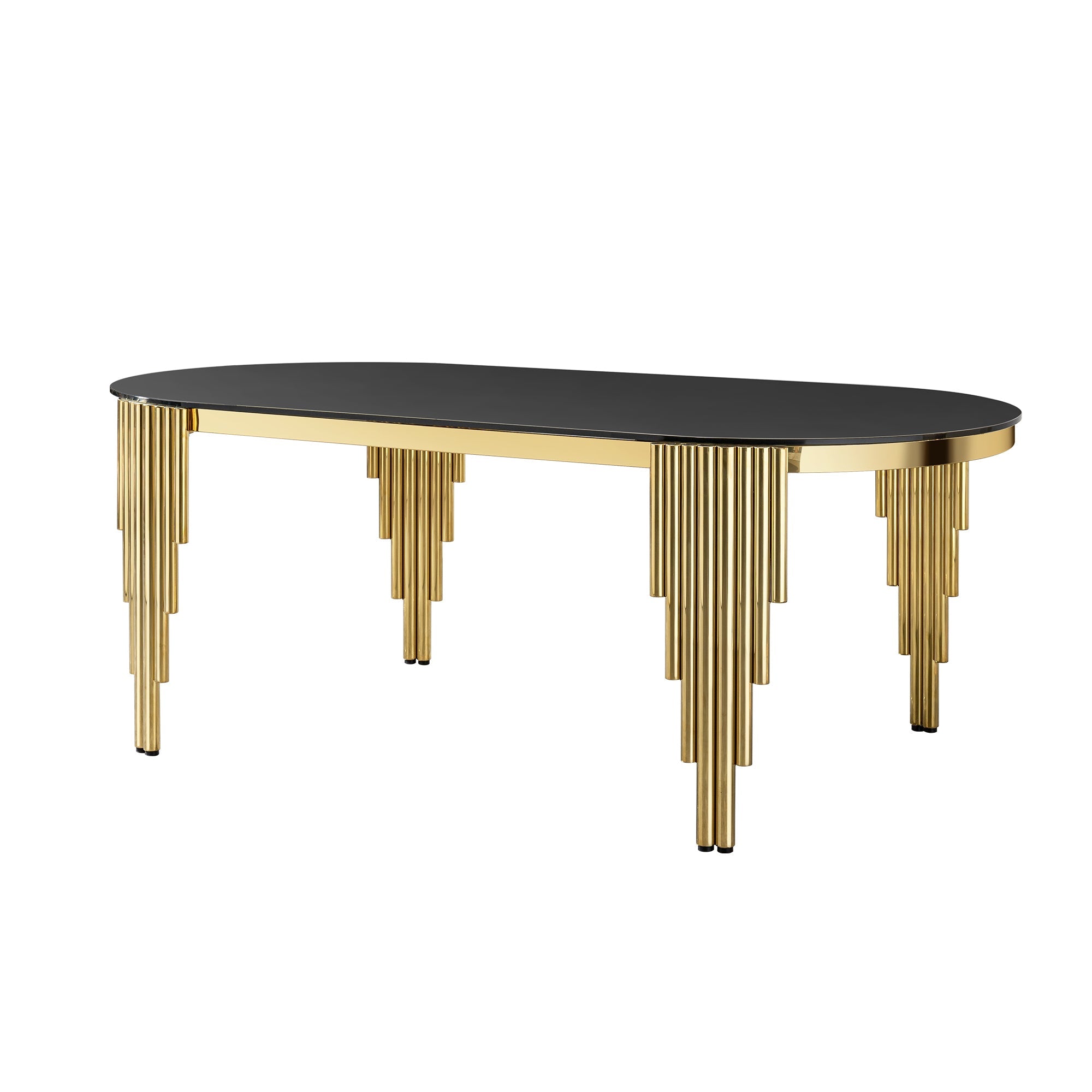 70.08 in. Oval Dining Table with Black Glass Top and Gold Stainless Steel Base, for 6 Seats