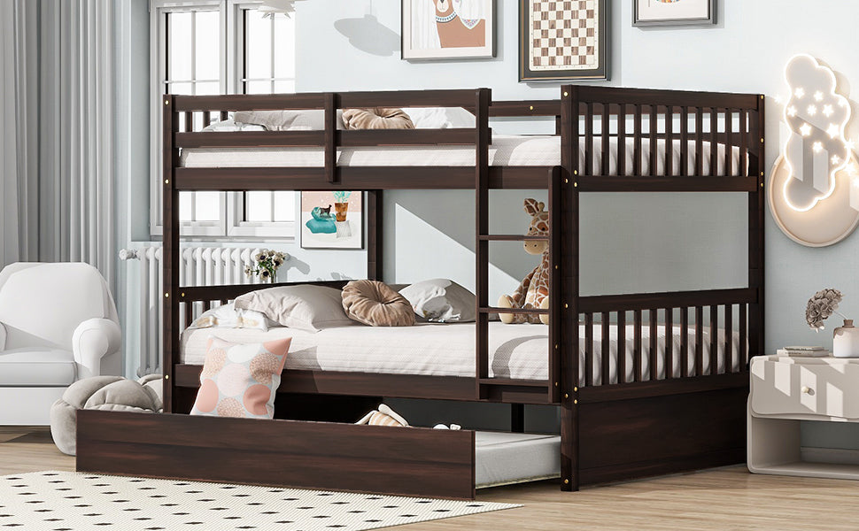 Full Over Full Rubber Wood Bunk Bed with Trundle, Ladder and Guardrails, Convertible to 2 Full Size Beds, with Twin Size Trundle ,Espresso