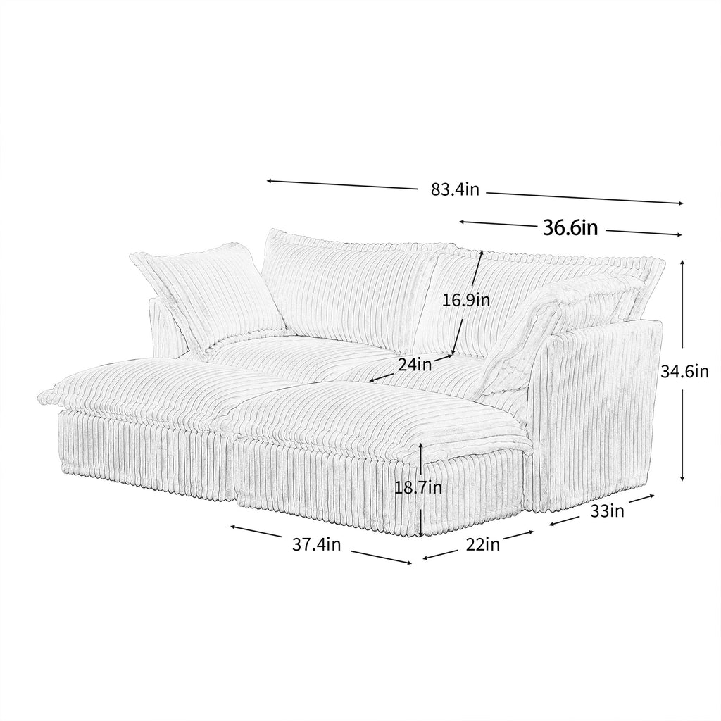 Slipcovered Sofa 2 Seater Sofa    With 2 Ottomans, 2 Seater Sleeper Sofa Bed Home Theater Oversized Sofa For Living Room, Corduroy, Cream