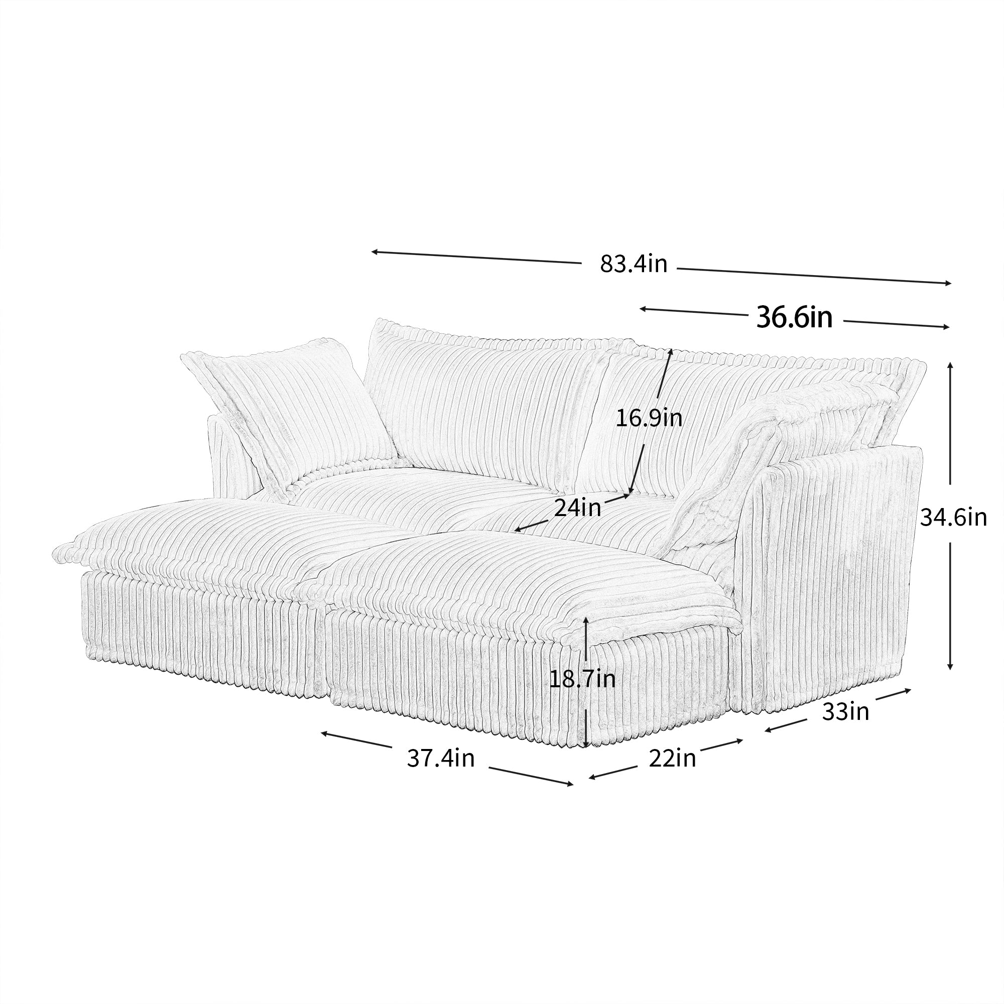 Slipcovered Sofa 2 Seater Sofa    With 2 Ottomans, 2 Seater Sleeper Sofa Bed Home Theater Oversized Sofa For Living Room, Corduroy, Cream