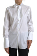 Dolce & Gabbana White Cotton Ascot Collar Long Sleeves Top