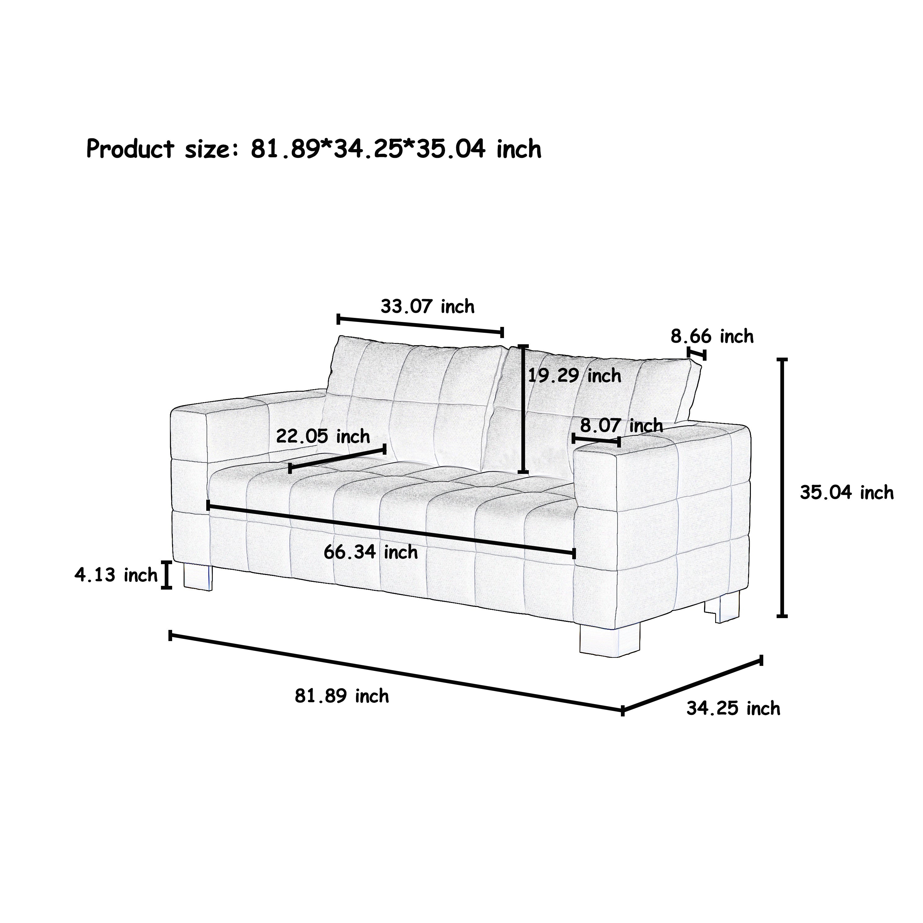FX-P54-BE SOFA  Contemporary Beige Chenille Couch, Deep-Seat 3-Person Sofa with Wide Armrests & Brushed Stainless-Steel Block Legs Soft Upholstered Sofa for Living Room