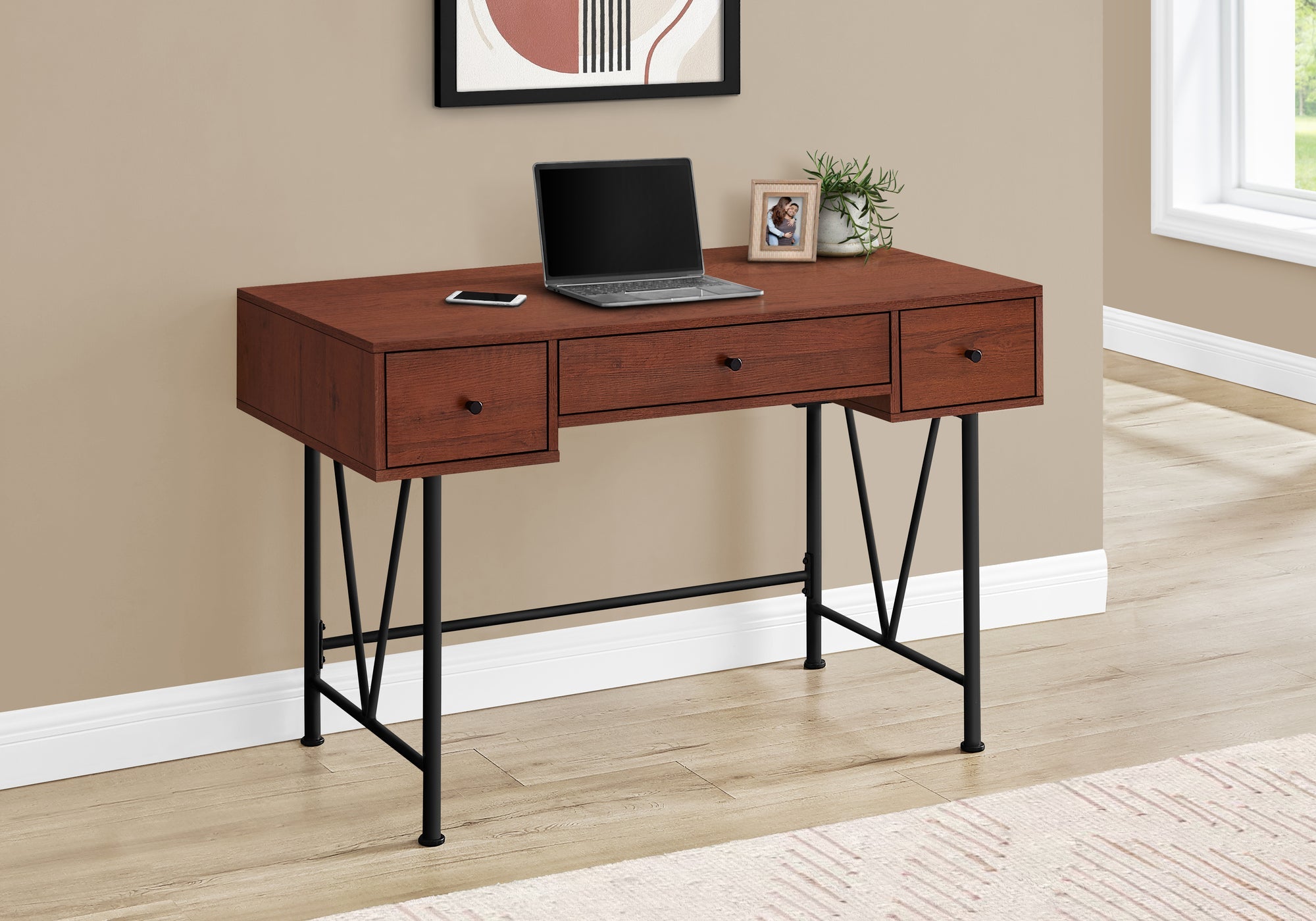 Computer Desk, Home Office, Laptop, Storage Drawers, 48'l, Work, Brown Laminate, Black Metal, Transitional