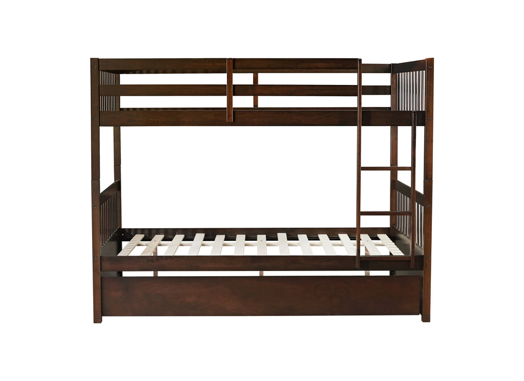 Full Over Full Rubber Wood Bunk Bed with Trundle, Ladder and Guardrails, Convertible to 2 Full Size Beds, with Twin Size Trundle ,Espresso