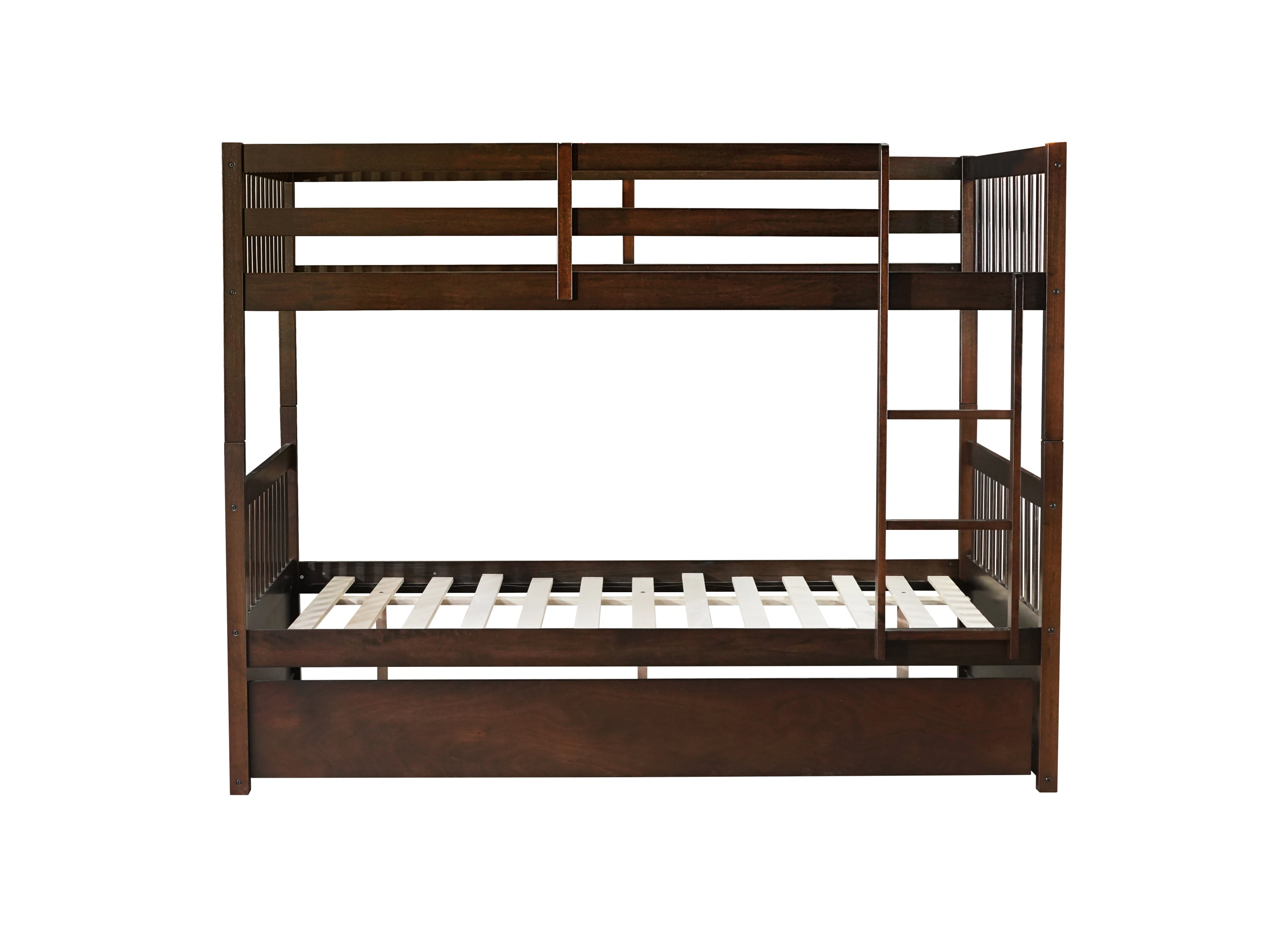 Full Over Full Rubber Wood Bunk Bed with Trundle, Ladder and Guardrails, Convertible to 2 Full Size Beds, with Twin Size Trundle ,Espresso