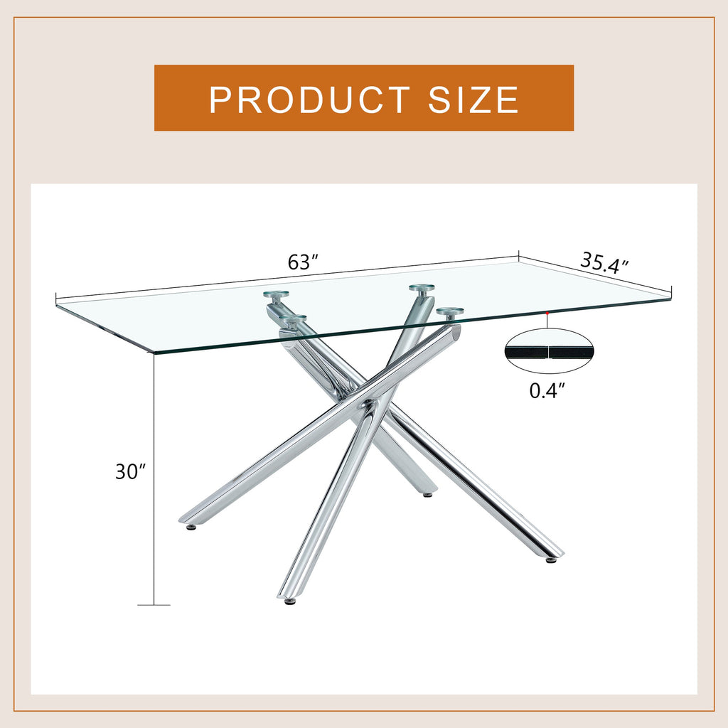 Large Modern Minimalist Rectangular Glass Dining Table with 0.39' Tempered Glass Tabletop and Silver Chrome Metal Legs, for Kitchen Dining Living Meeting Room Banquet hall,63''x35''x 29''W1151S00191