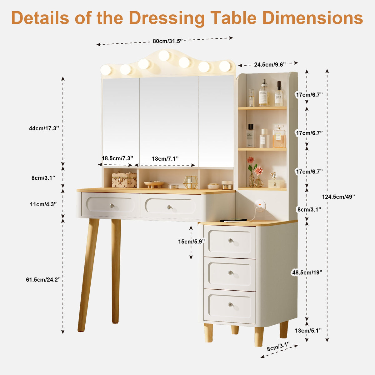 Vanity Desk with Mirror and Lights,Makeup Vanity with 2 USB Power Strip,Vanity Set with Two Drawers and Three-drawer Chest, 3 Lighting Modes Adjustable Brightness, Foldable Three-sided Mirror(White)