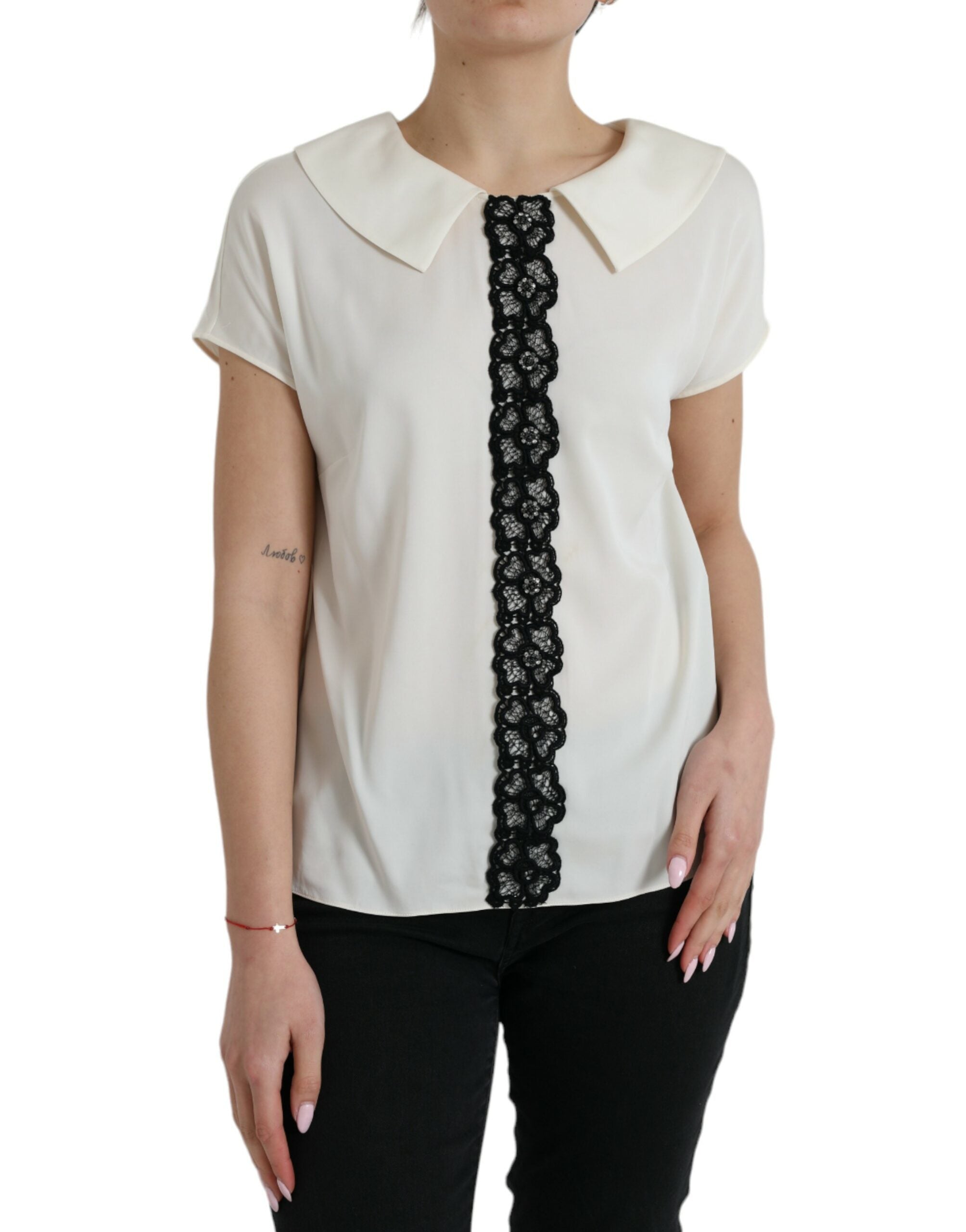 Dolce & Gabbana Off White Silk Lace Trim Short Sleeves Top