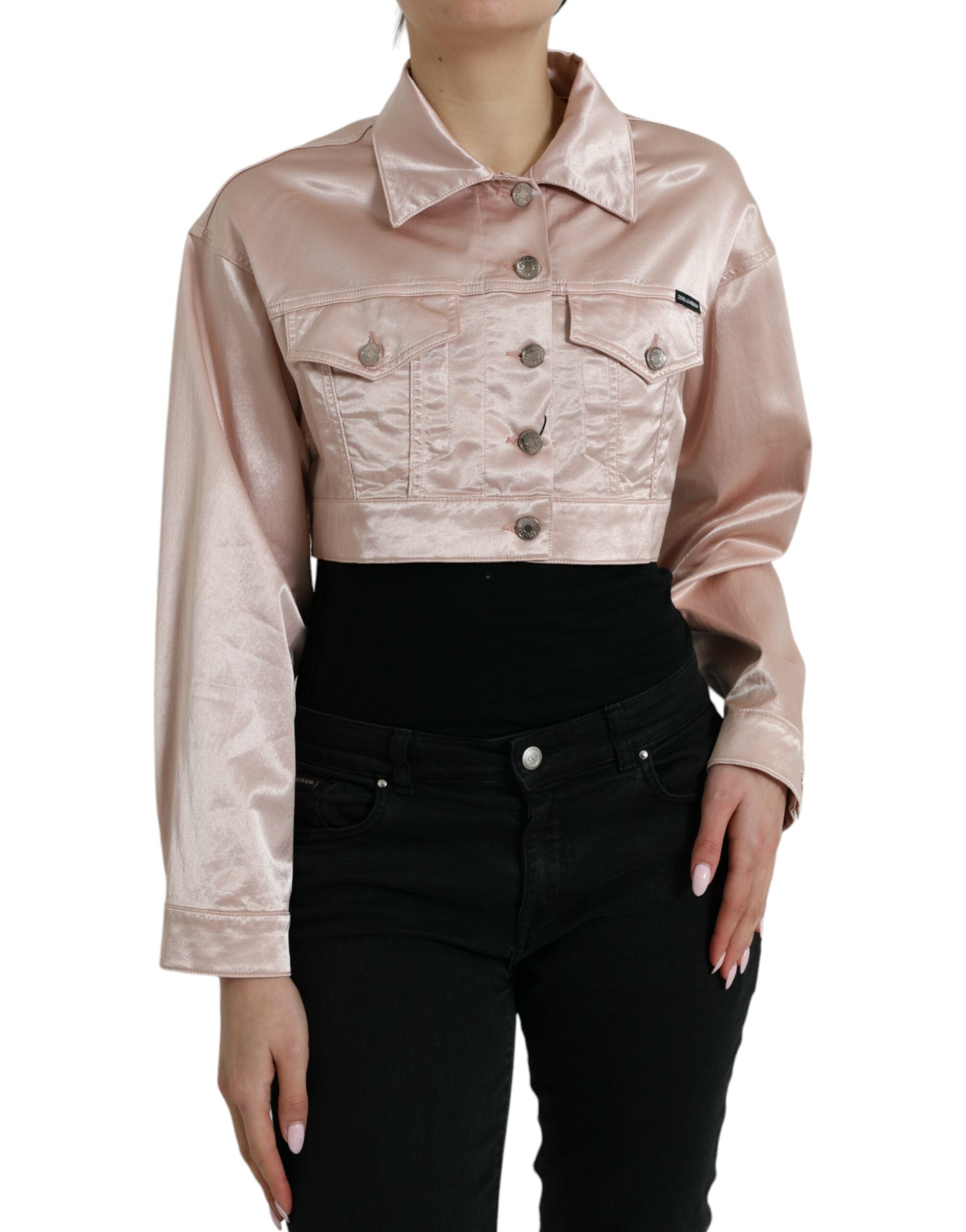 Dolce & Gabbana Pink Cotton Stretch Collared Cropped Jacket