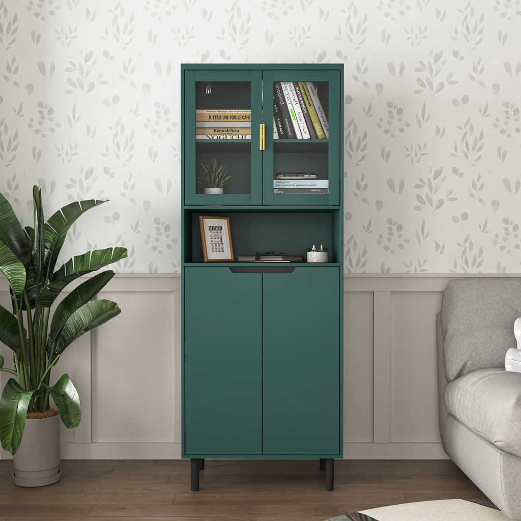 Tall Storage Bookcase with 2 Glass Display Door & 2 Doors, Tall Kitchen Pantry Cabinet with Gold Handles, Modern Cabinet Freestanding Living Room Green