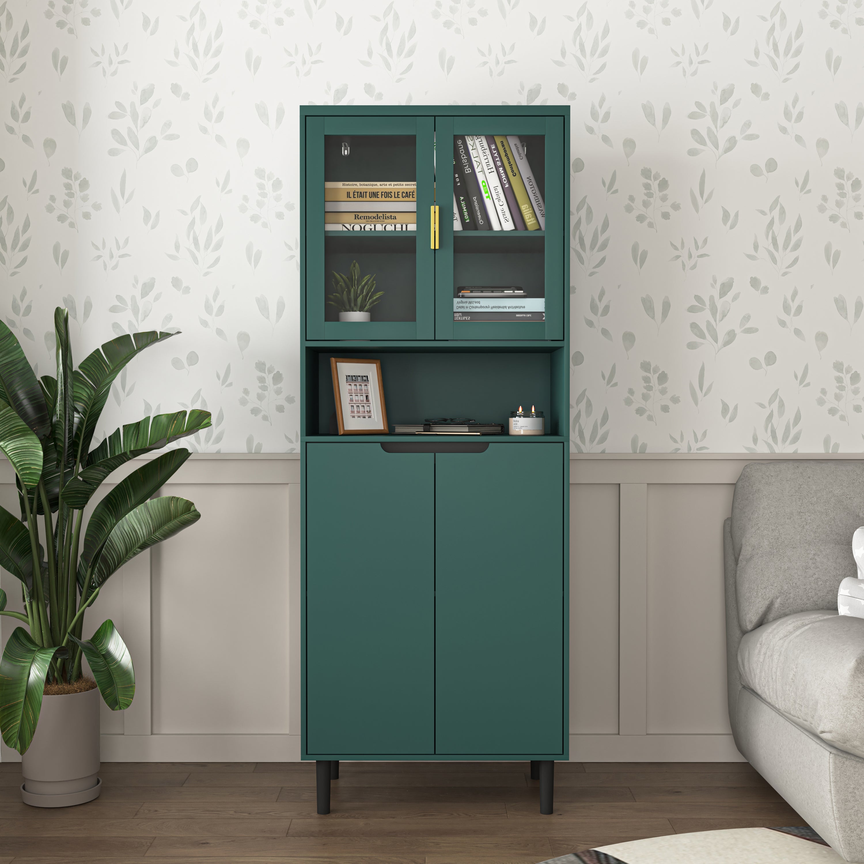Tall Storage Bookcase with 2 Glass Display Door & 2 Doors, Tall Kitchen Pantry Cabinet with Gold Handles, Modern Cabinet Freestanding Living Room Green