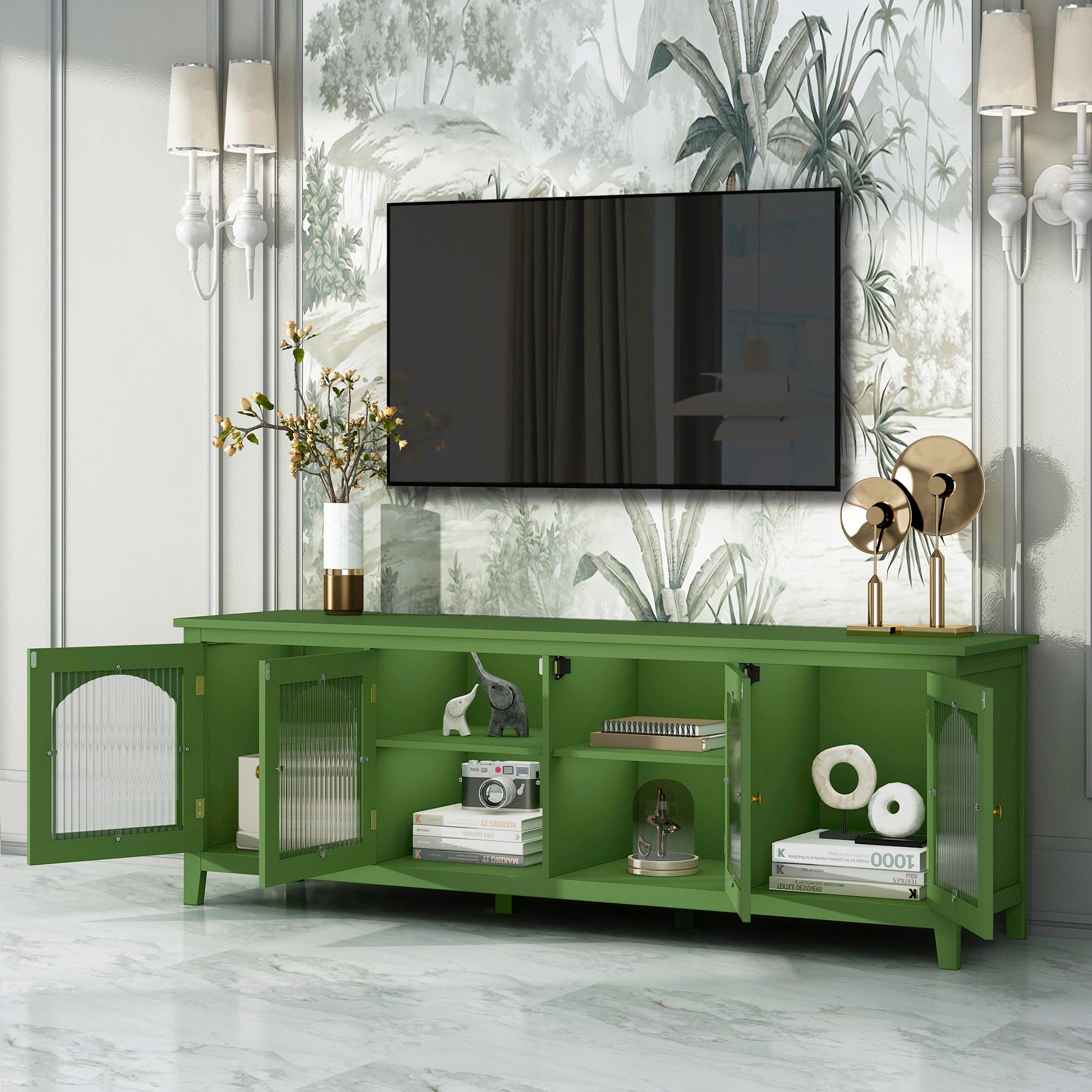Stylish Antique Green TV Cabinet with Solid Wood Frame and Changhong Glass Door, 71-inch