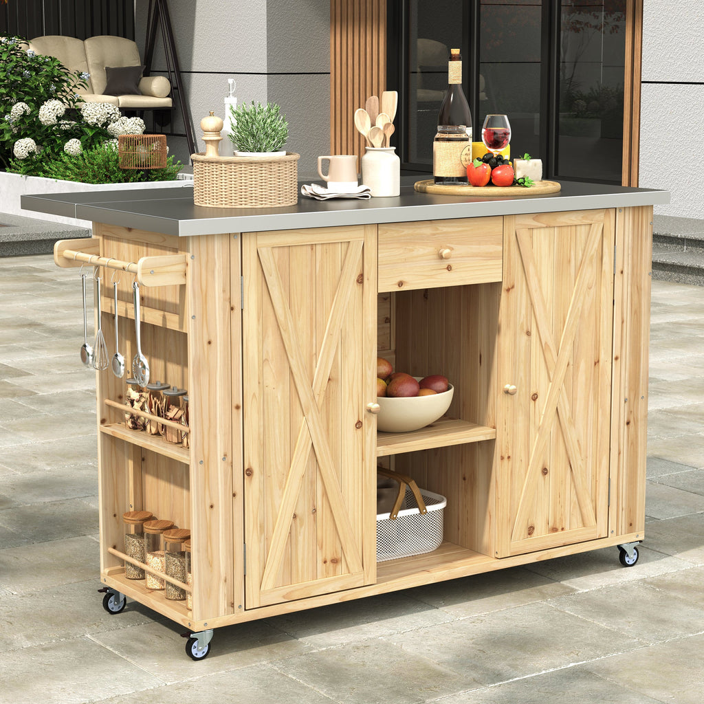 Outdoor Kitchen Island Fir Wood Kitchen Island with Stainless Steel Top, Ample Storage Space, Towel and Spice Racks, Bottle Opener, Natural