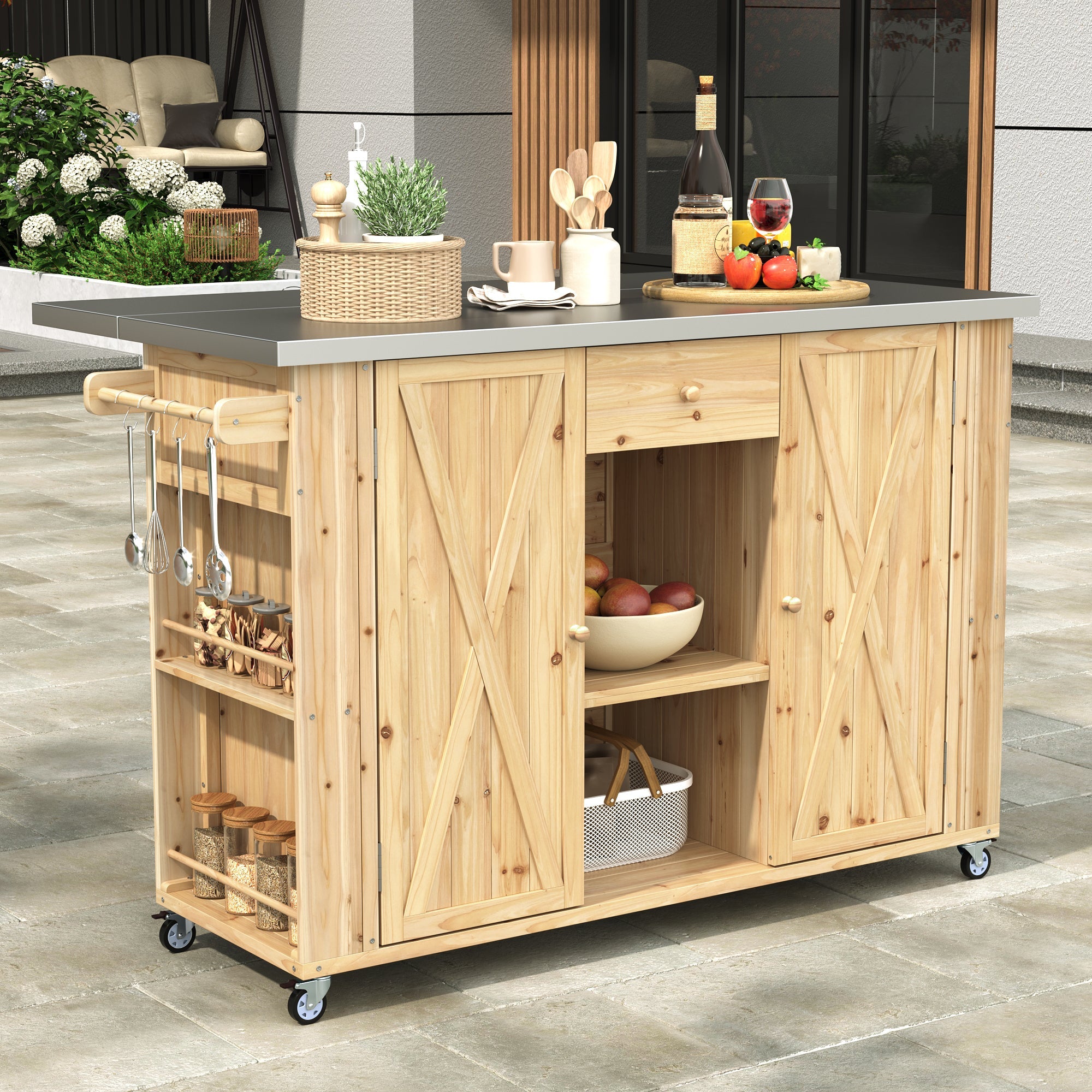 Outdoor Kitchen Island Fir Wood Kitchen Island with Stainless Steel Top, Ample Storage Space, Towel and Spice Racks, Bottle Opener, Natural