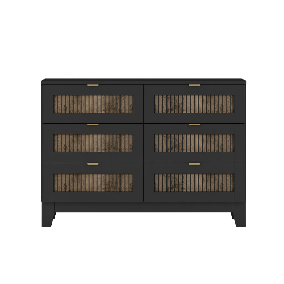 4-Pieces Bedroom Sets, Queen Size Farmhouse Platform Bed with Wooden Strip Stickers Decoration, Storage Nightstand and Dresser with Metal Handle, Black(Old SKU: HL000191AAB)