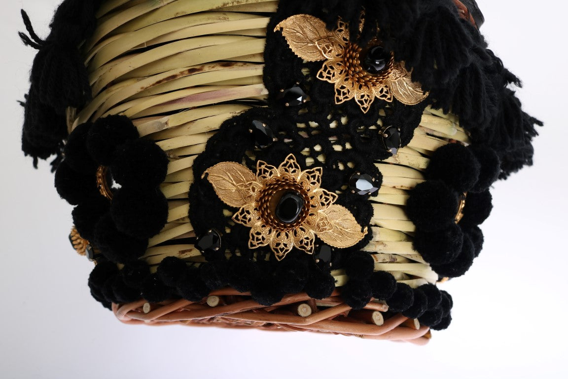 Dolce & Gabbana Beige Straw Snakeskin Pom Pom Crystal AGNESE Bag