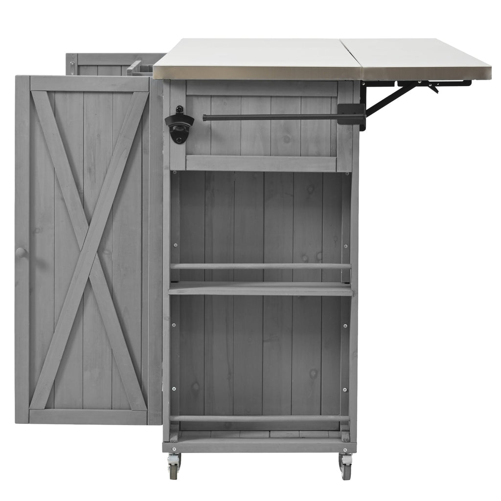 Outdoor Kitchen Island Fir Wood Kitchen Island with Stainless Steel Top, Ample Storage, Towel and Spice Racks, Bottle Opener, Grey