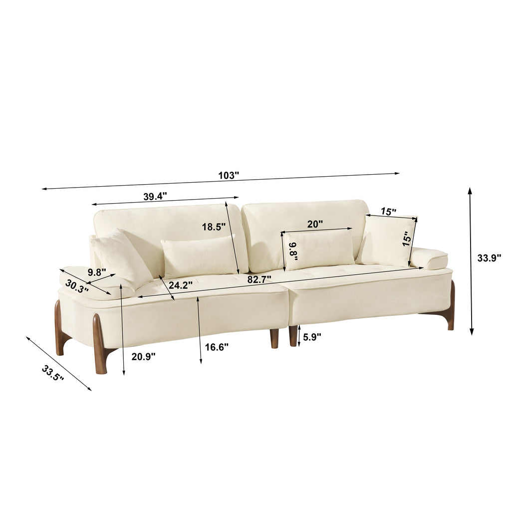 103 Inch Comfortable Deep Seated Sofa with Pillows in Beige Cloud Velvet Polyester for Bedroom, Living Room, Office