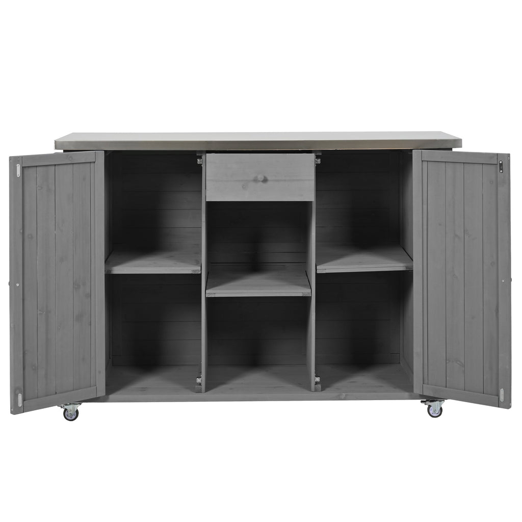 Outdoor Kitchen Island Fir Wood Kitchen Island with Stainless Steel Top, Ample Storage, Towel and Spice Racks, Bottle Opener, Grey