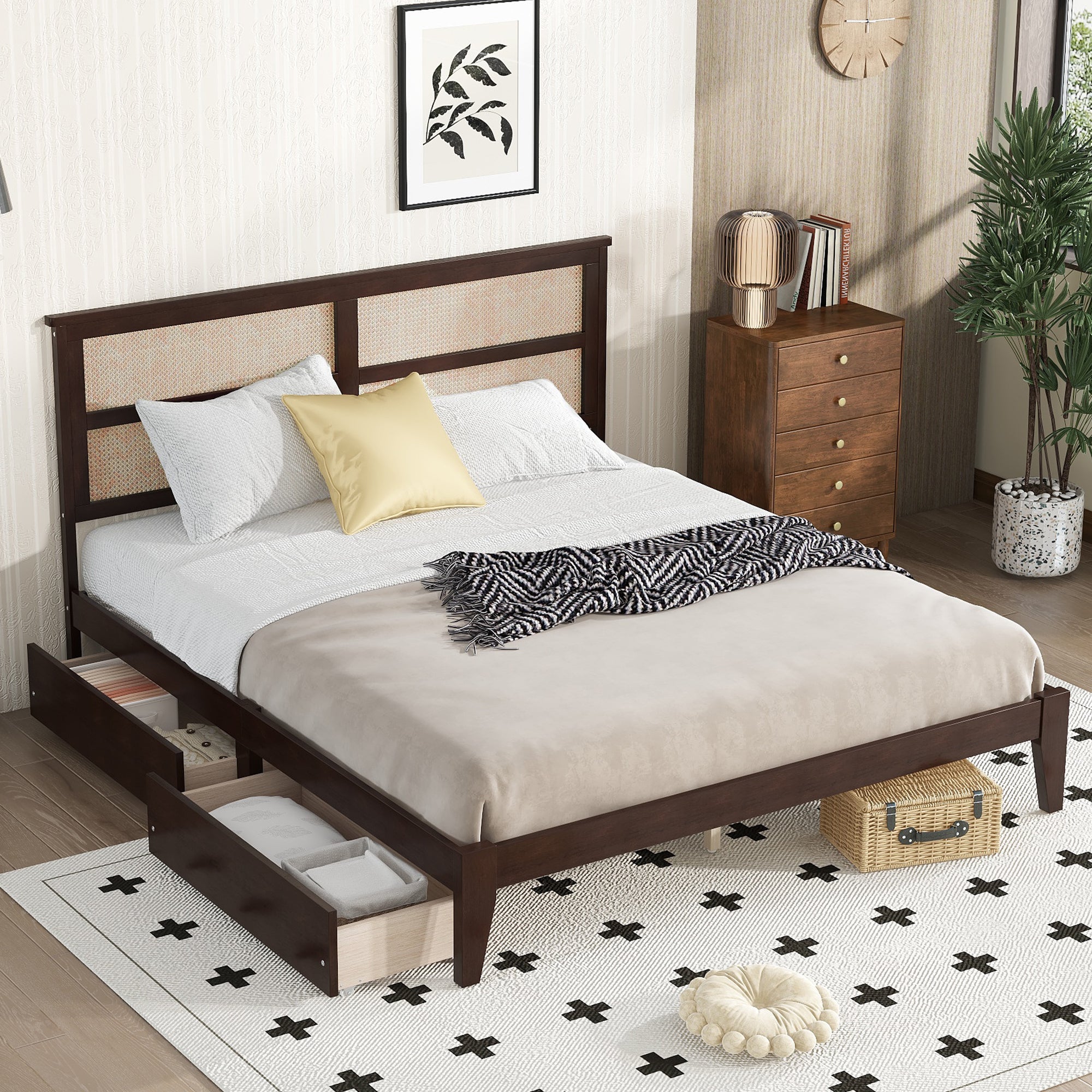 King Size Bed with Rattan Headboard, Two Storage Drawers, Rubber Wood Bed with Enhanced  Support Salts and Feet,Espresso