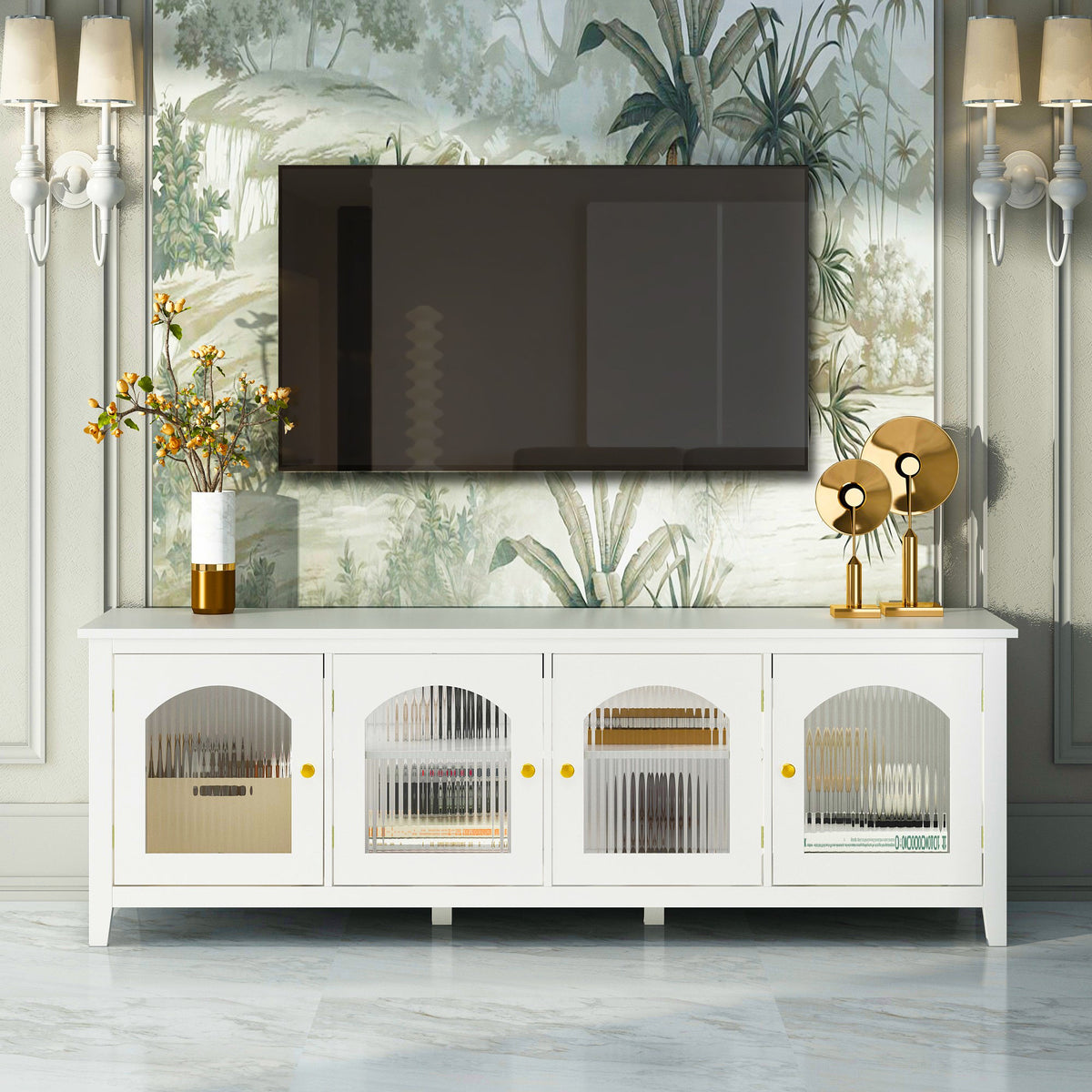 Antique White Stylish TV Cabinet Entertainment Center with Solid Wood Frame and Changhong Glass Door
