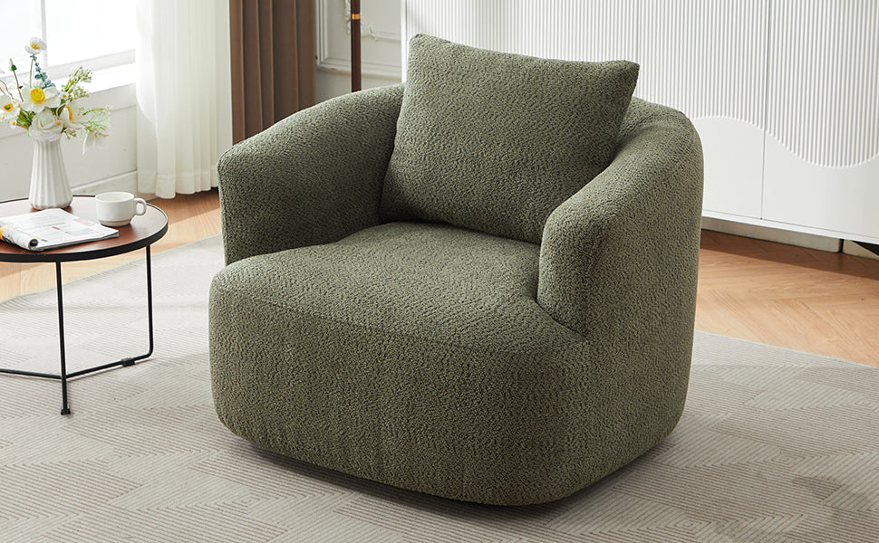 360° Swivel Chair, Chenille Upholstered Barrel Sofa Chair with Throw Pillow, Green, 38.2' for Living Room, Bedroom, Office