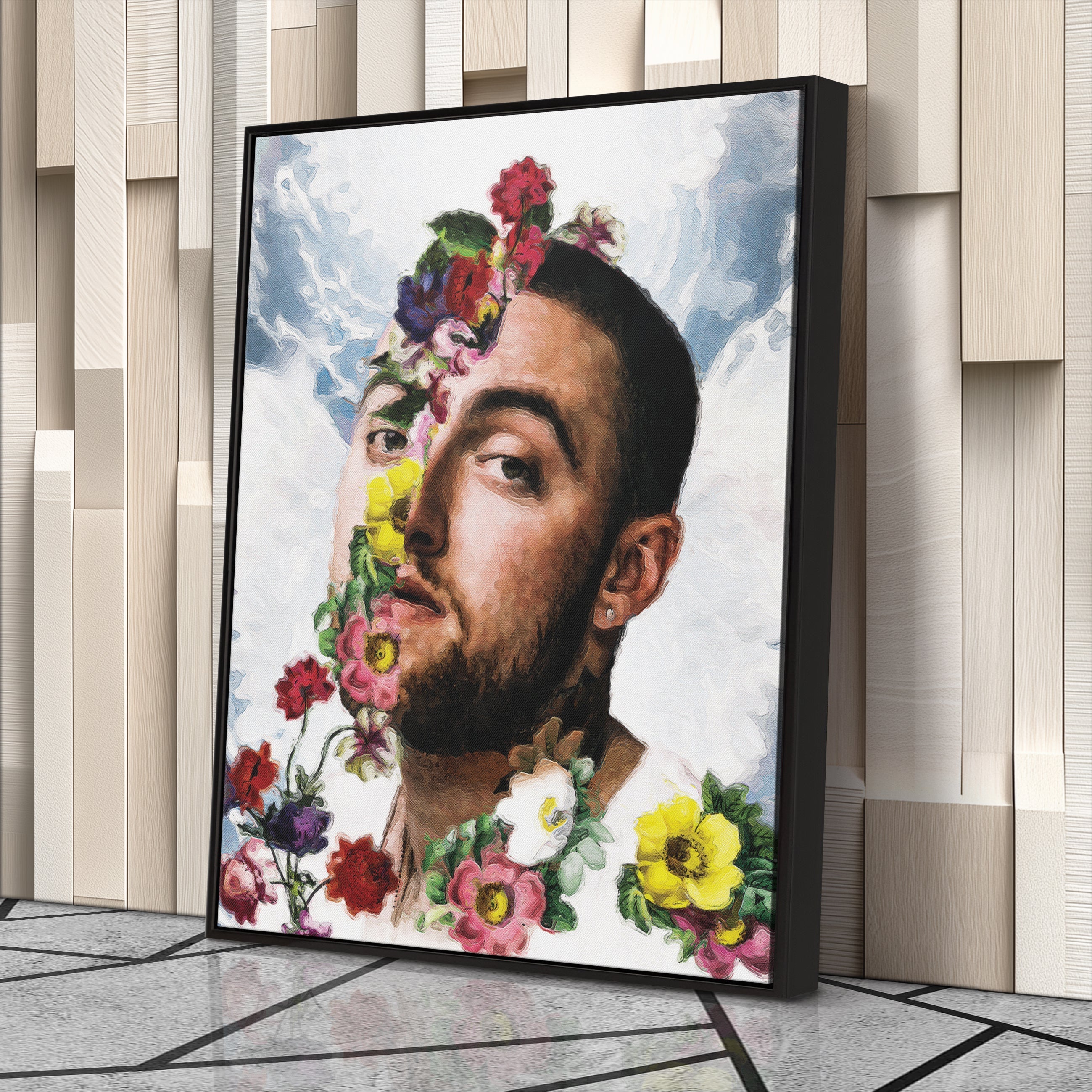 Mac Miller Floral Canvas Print – Rap Artist Painting Wall Art for Home Decor