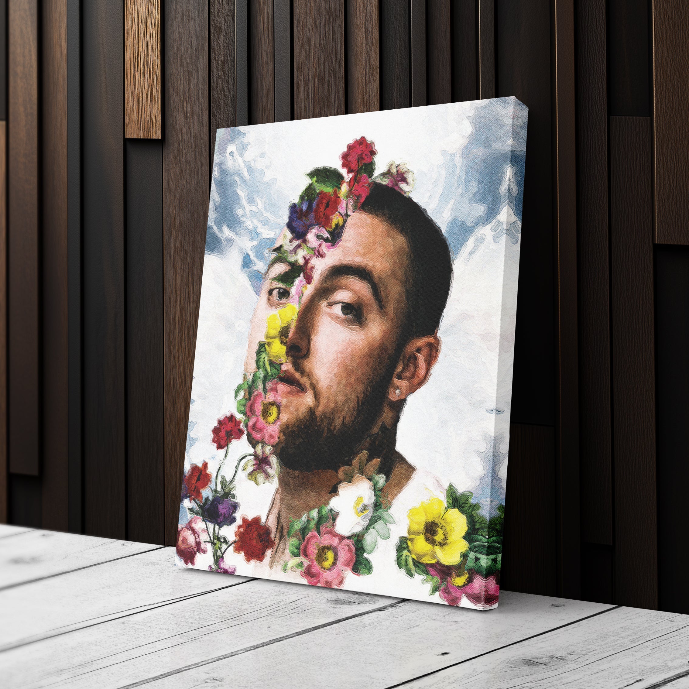 Mac Miller Floral Canvas Print – Rap Artist Painting Wall Art for Home Decor
