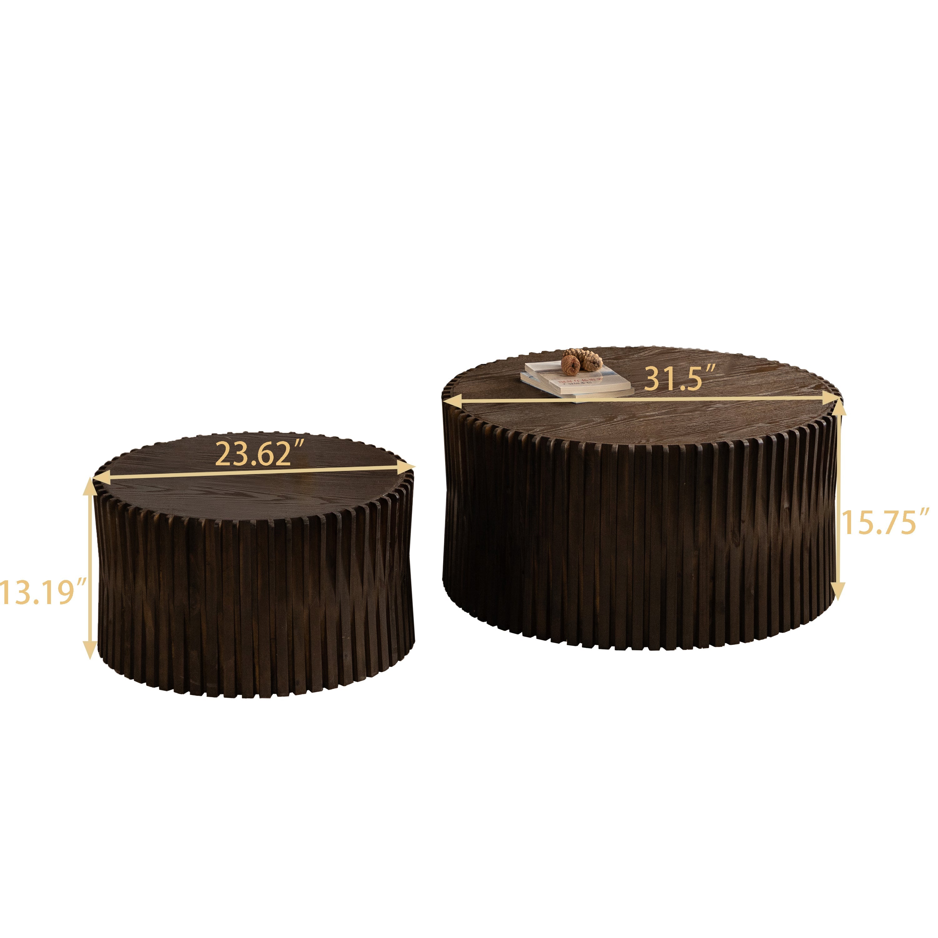 Vintage Fashion Style Cylindrical Nesting Coffee Table Set with Vertical Textured Embossed Design for Living Room, Office and Dining Room, Dark Brown (Set of 2)