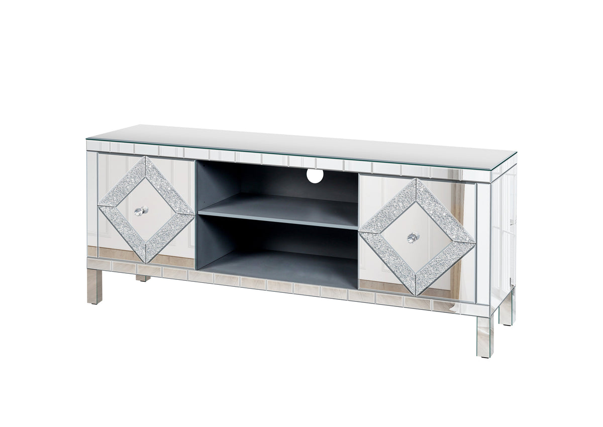 47 Inch Mirror TV Media Console with Diamond Glass Doors, Dual Door Design and Open Storage Space, Compatible with 50-Inch TVs&Modern Decor for Living Room & Bedroom