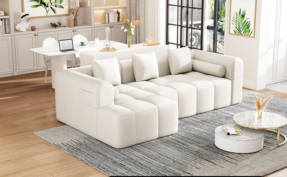Modern Beige Modular Sectional Sofa with Deep Seating and Side Pockets, Chenille Upholstery, 101.2'