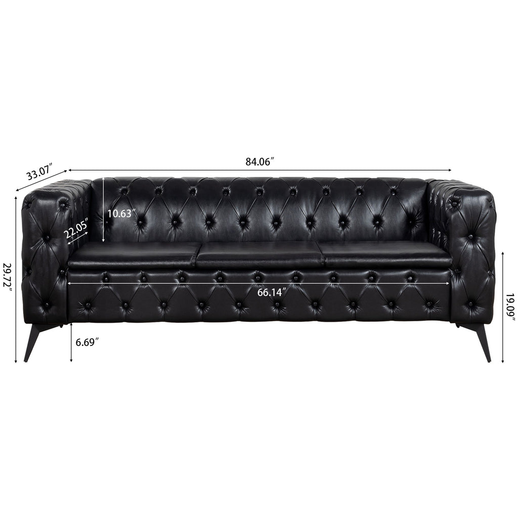 Traditional Square Arm Sofa with Removable Cushions in Black PU, 84.06 Inch Width