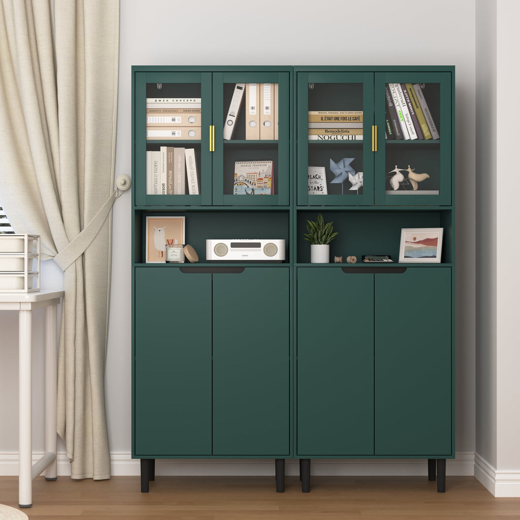 Tall Storage Bookcase with 2 Glass Display Door & 2 Doors, Tall Kitchen Pantry Cabinet with Gold Handles, Modern Cabinet Freestanding Living Room Green