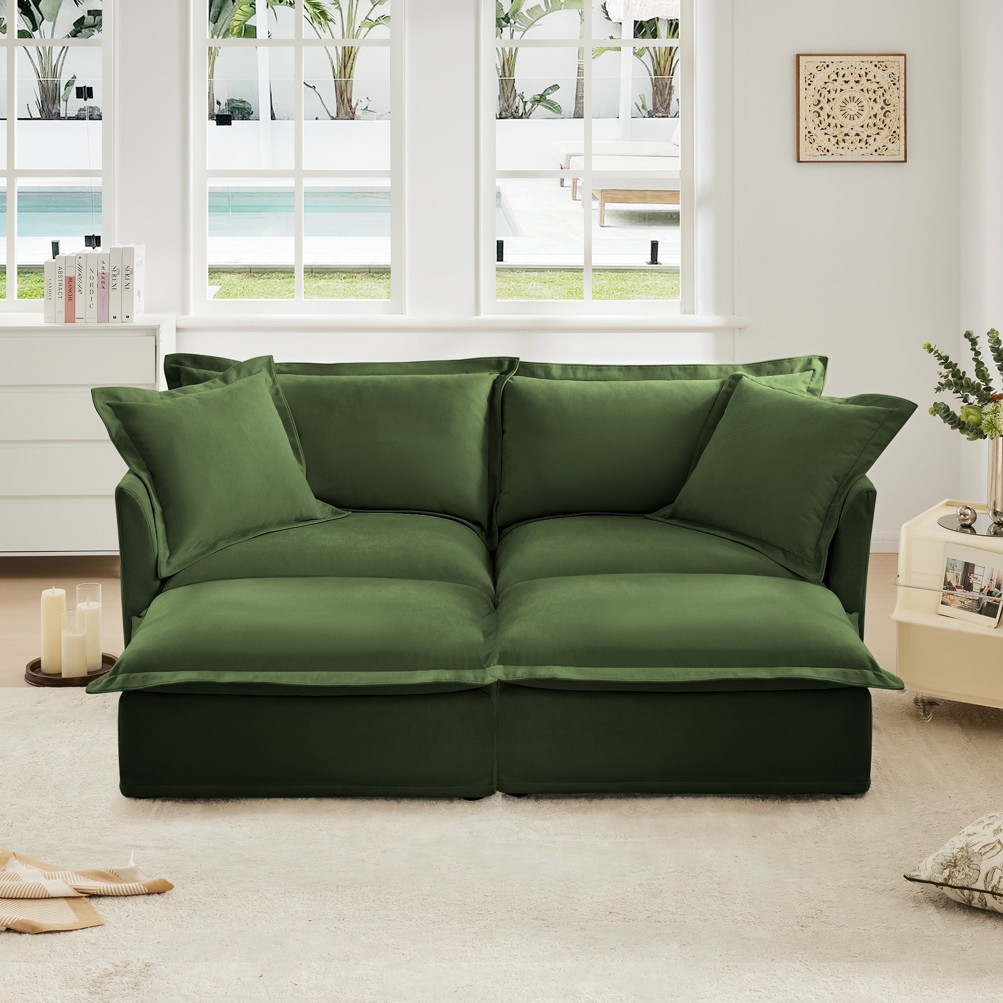 Slipcovered Sofa 2 Seater Sofa    With 2 Ottomans, 2 Seater Sleeper Sofa Bed Home Theater Oversized Sofa For Living Room,  Chenille, Green