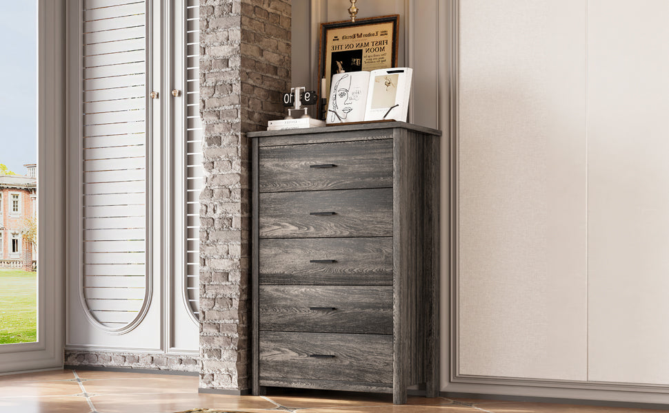 4PCS Bedroom Sets, Wooden Queen Size Bed Frame with Storage Headboard and Charging Station, 2 Nightstands with 2 Drawers, 1 Dresser with 5 Drawers, Antique Gray