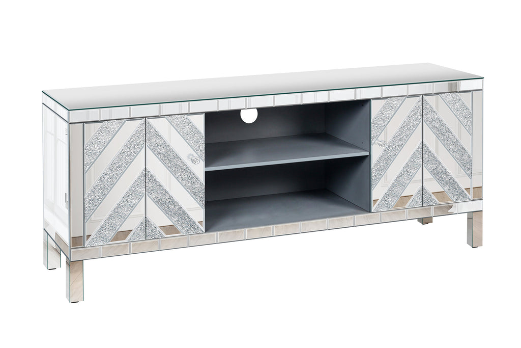 Mirrored TV Stand for 65+ inch TV,Sliver TV Console Table with Open Storage & 2 Storage Cabinets ,M Shape Sparkling Mirror Doors for Living Room(59''W x 25.2''H x 15.7D)